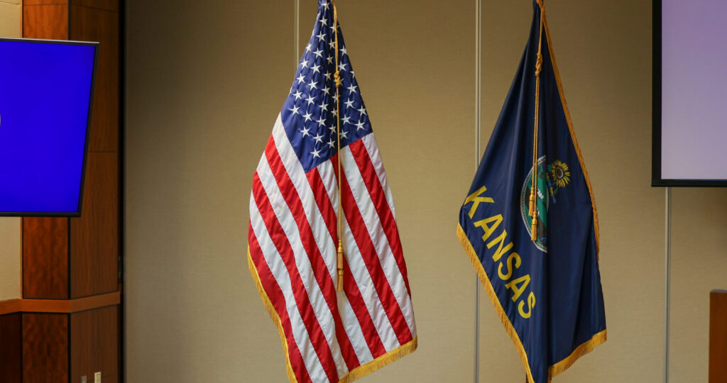 Kansas flag and the U.S. flag in the Pittsburg Police Department Law Enforcement Center in Pittsburg, Kansas.